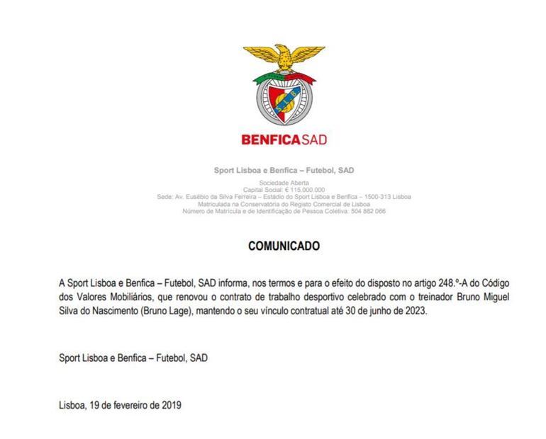 Benfica Bruno Lageyi KAPa bildirdi