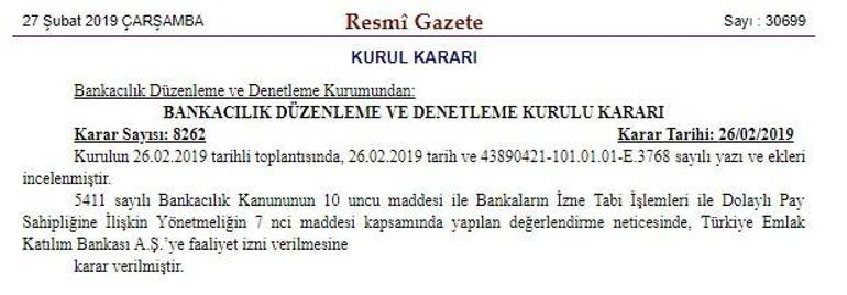 Türkiye Katılım Emlak Bankası BDDK tarafından onay aldı