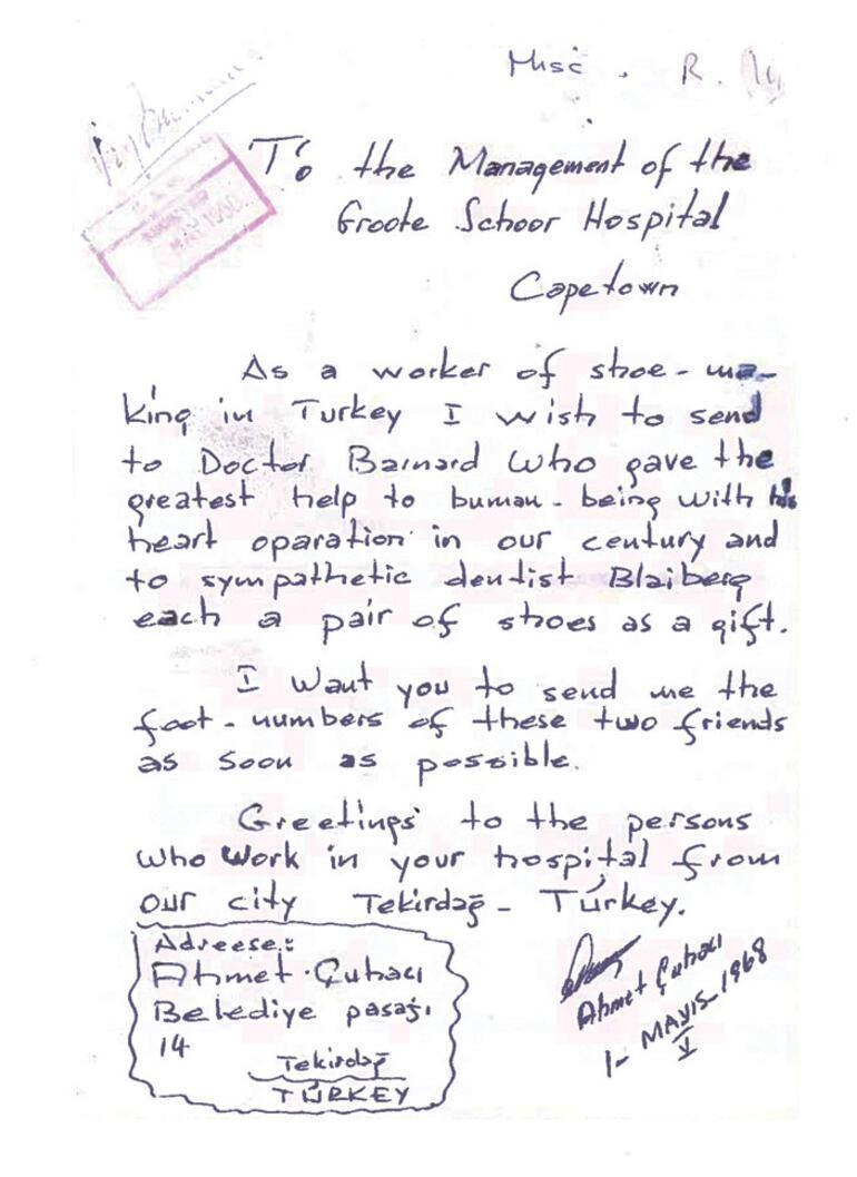 Kunduracı Ahmet’ten Cape Town’a kalp nakli mektubu