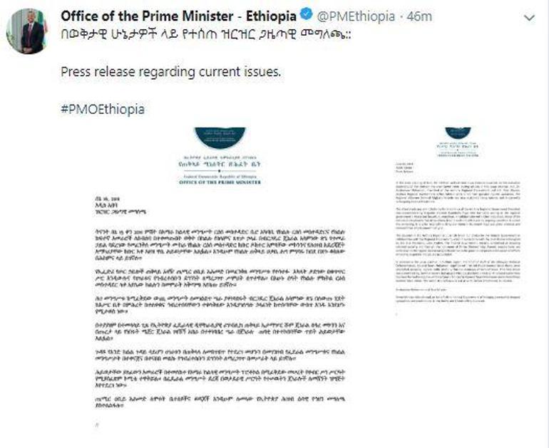 Etiyopya genelkurmay başkanı öldürüldü