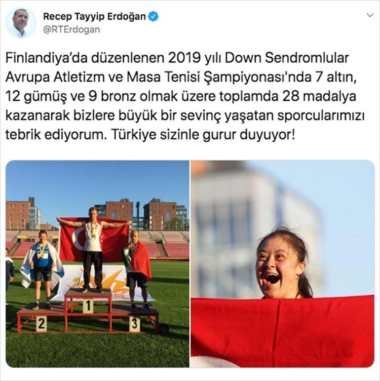 Cumhurbaşkanı Erdoğandan down sendromlu sporculara tebrik