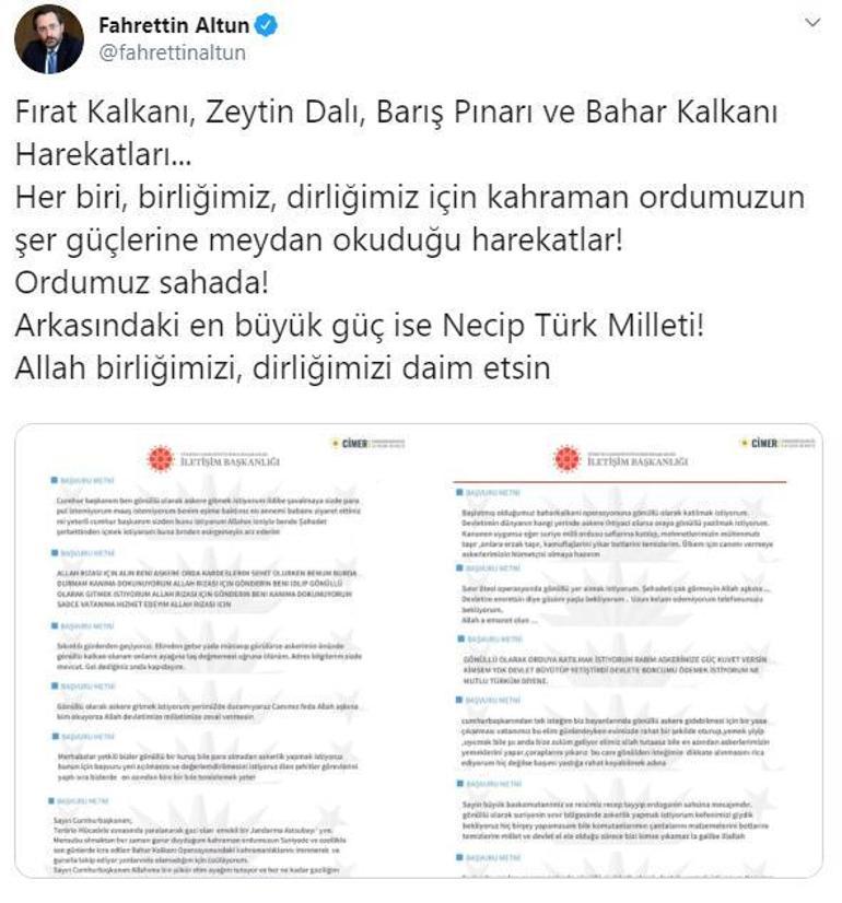 İletişim Başkanı Fahrettin Altun paylaştı... Bahar Kalkanı Harekâtına gönüllü askerlik ve destek mesajları