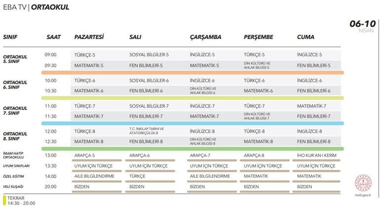 EBA TV ders programı 6 Nisan Pazartesi EBA TV canlı yayın sayfası