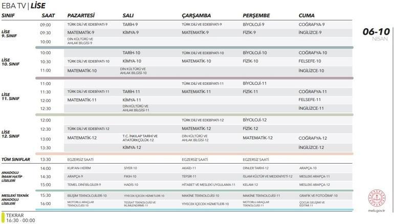 EBA TV ders programı 6 Nisan Pazartesi EBA TV canlı yayın sayfası