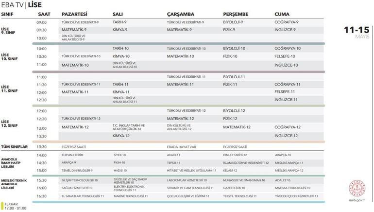 EBA TV ders programı 11 Mayıs | MEB EBA TV haftalık ders listesi