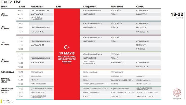 EBA TV 20 Mayıs ders programı: EBA TV ders programı listesi