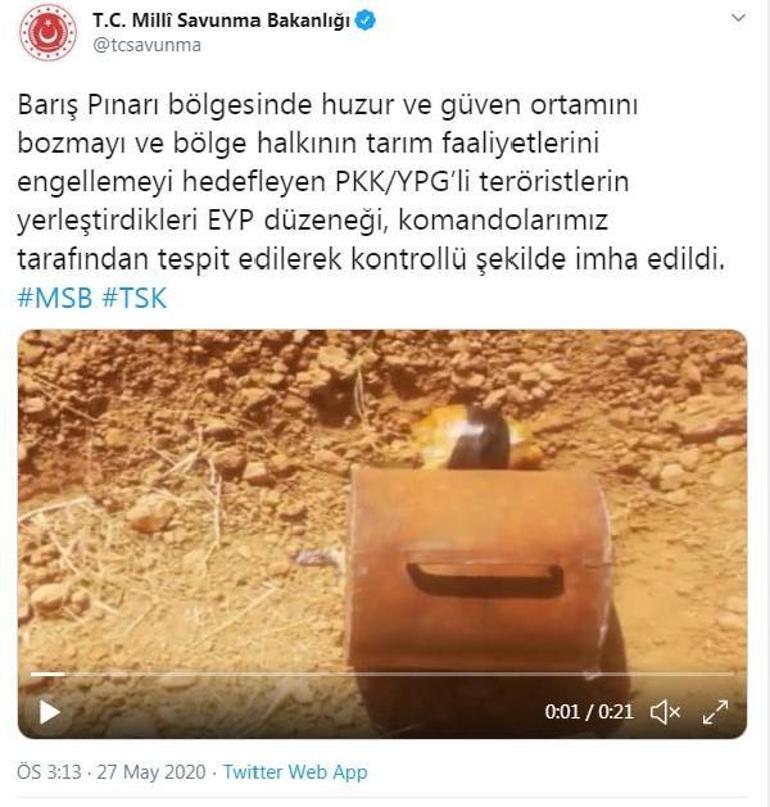 MSB: Barış Pınarı bölgesinde tespit edilen EYP imha edildi