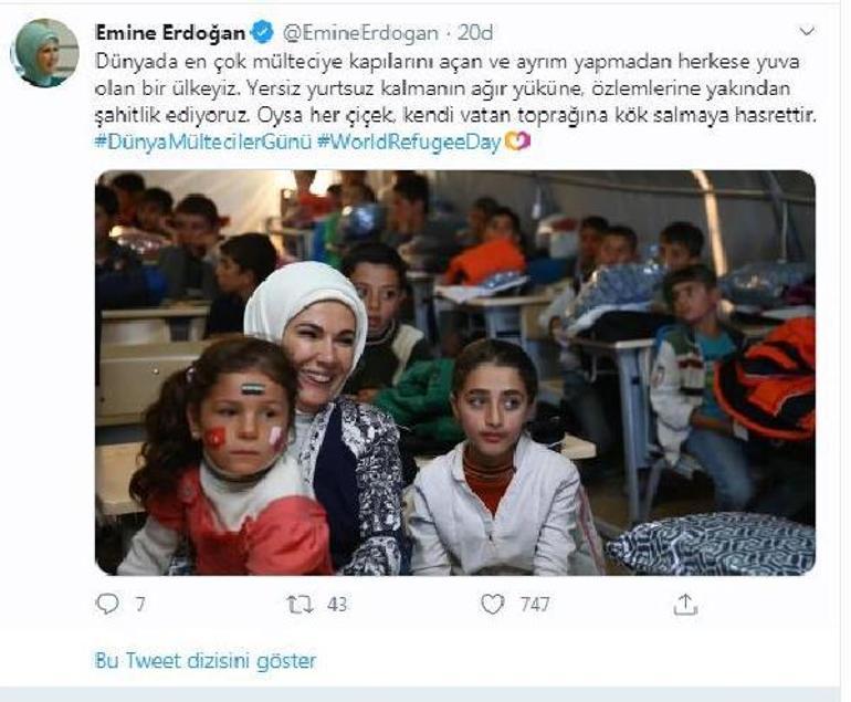 Emine Erdoğandan Dünya Mülteciler Günü mesajı