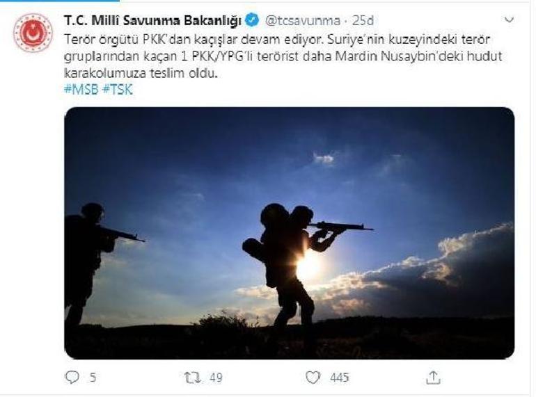 Son dakika haberleri... MSB: Örgütten kaçan 1 PKK/YPGli terörist teslim oldu