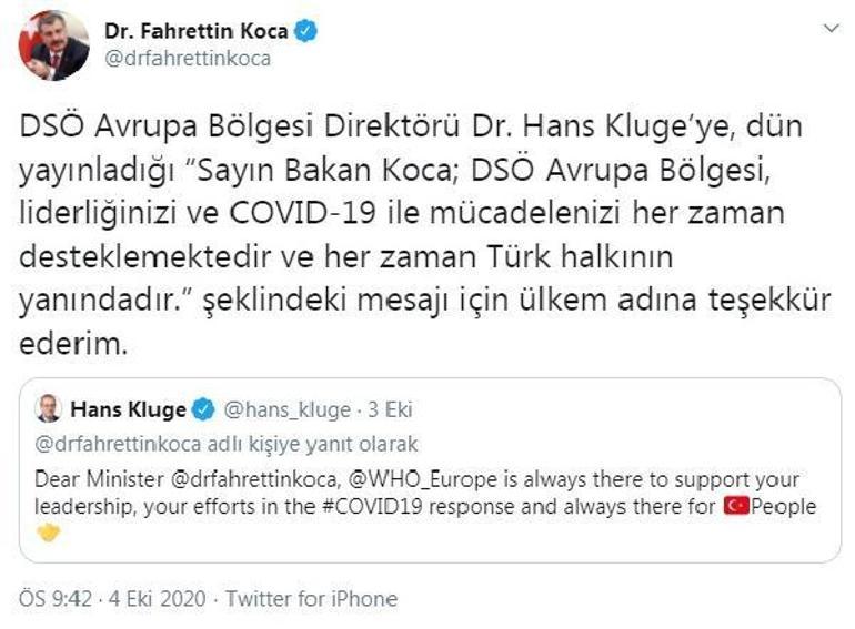Son dakika.. Sağlık Bakanı Kocadan DSÖ Avrupa Direktörü Klugeye teşekkür mesajı