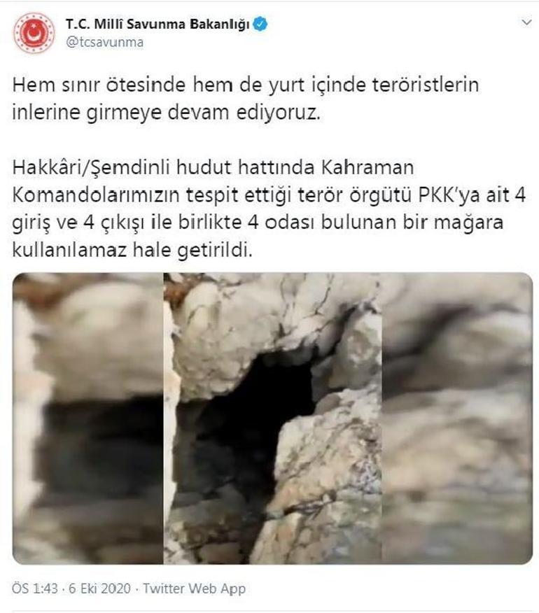 Son dakika.. MSB: Hakkaride PKKya ait mağara kullanılmaz hale getirildi