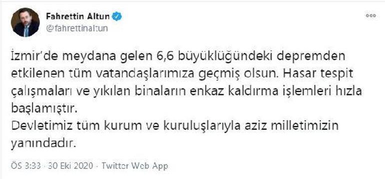 Son dakika... Fahrettin Altundan İzmir depremi açıklaması