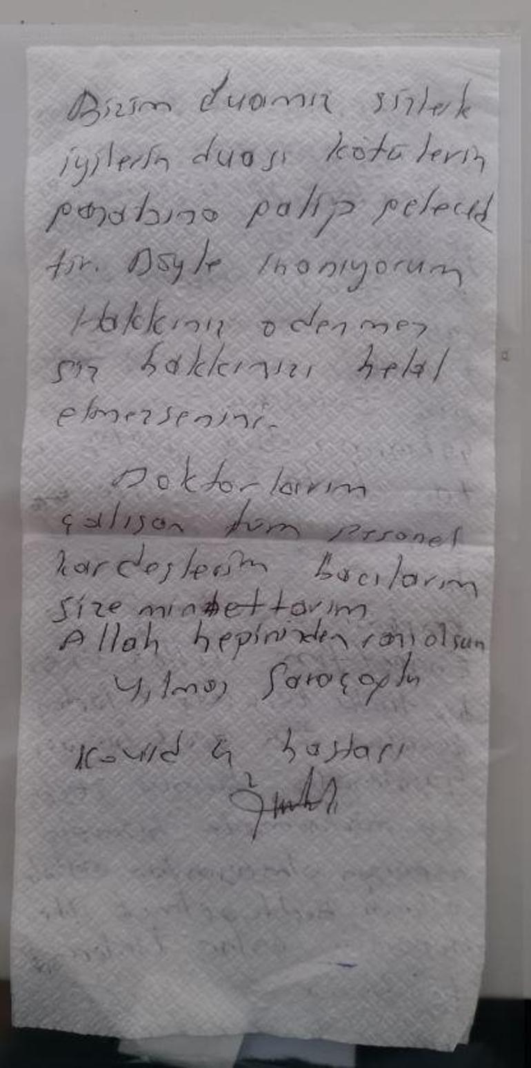 Koronavirüs hastası peçeteye yazdığı notla sağlık çalışanlarına teşekkür etti