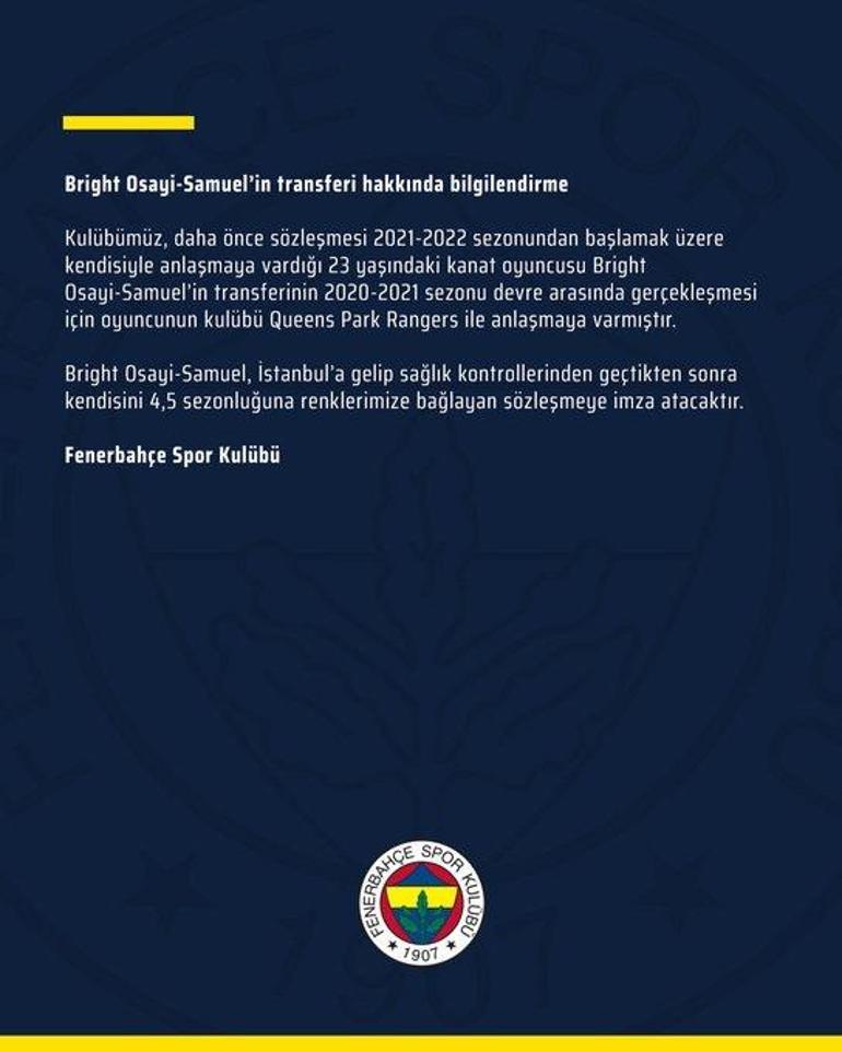 Son dakika... Fenerbahçe Osayi-Samueli resmen açıkladı