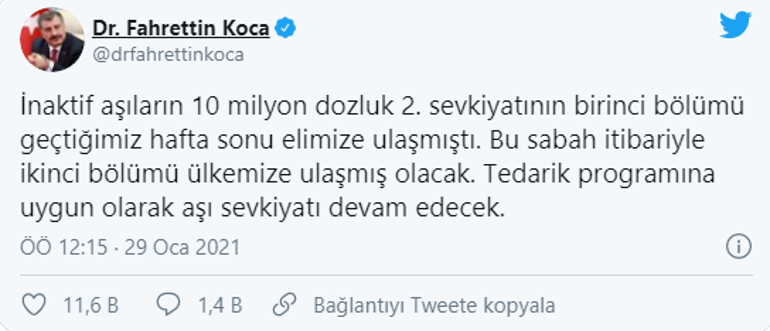 Son dakika: Bakan Koca müjdeyi vermişti 3,5 milyon doz aşı daha geldi