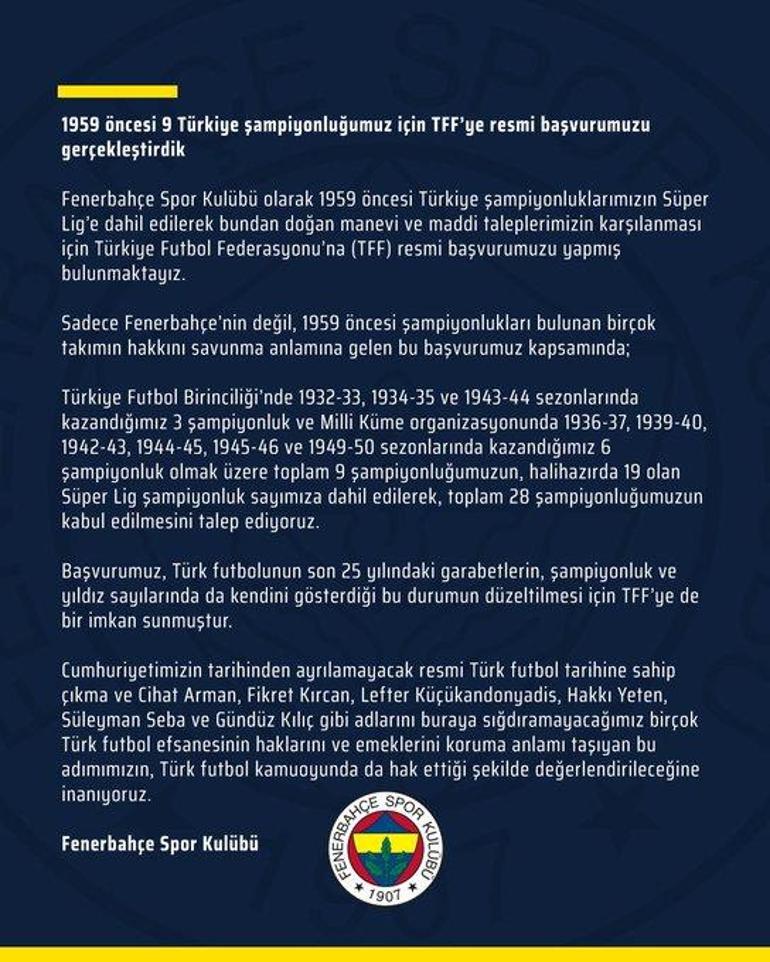 Son dakika... Fenerbahçe 1959 öncesi şampiyonluklar için TFFye başvurdu