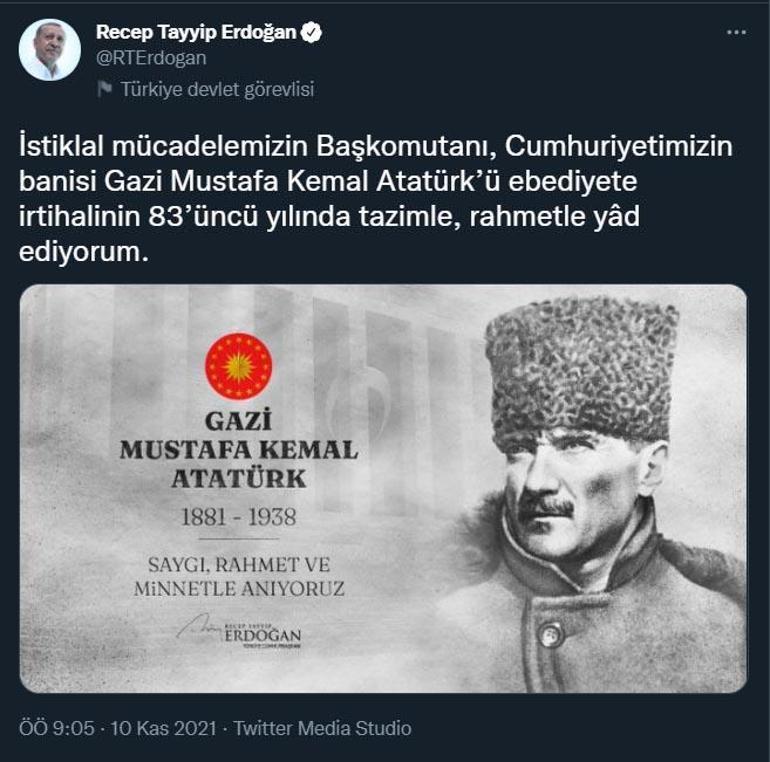 Cumhurbaşkanı Erdoğandan saat 09.05te Atatürk paylaşımı
