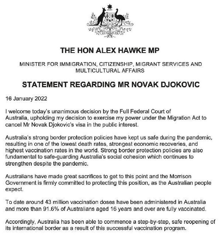 Avustralya Göç Bakanı: Djokovicin ülkeden ayrıldığını doğrulayabilirim