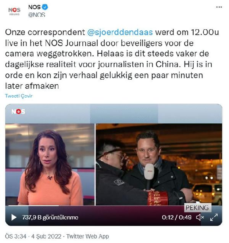 Çinli güvenlik görevlisi, Hollandalı gazeteciye canlı yayında müdahale etti