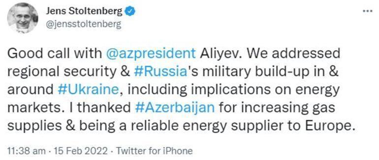 Stoltenberg, Aliyev’le telefonda görüştü