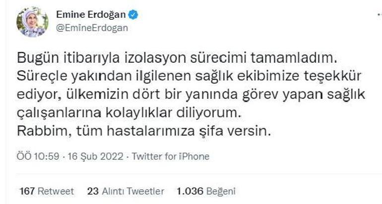Emine Erdoğan: İzolasyon sürecimi tamamladım
