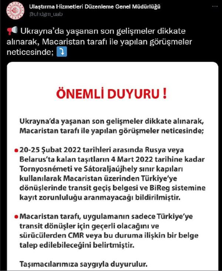 Taşıtların Macaristandan Türkiyeye dönüşlerinde kolaylık