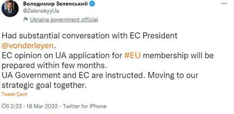 Zelenski, Avrupa Komisyonu Başkanı ile görüştü