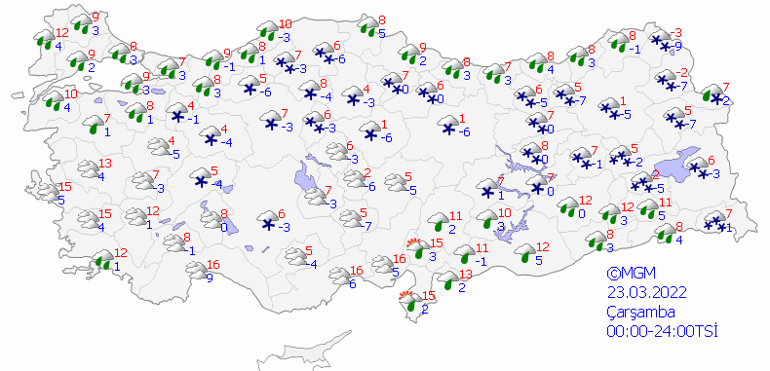 Meteorolojiden kar ve fırtına uyarısı 23 Mart 2022 il il hava durumu