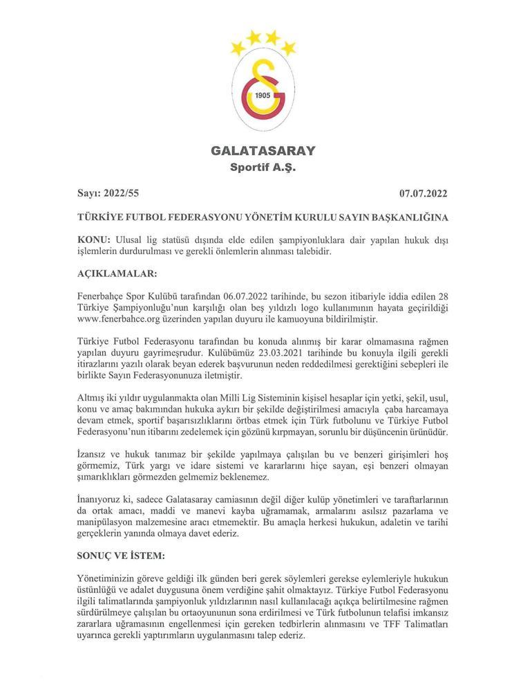 Galatasaray, Fenerbahçenin 5 yıldızlı logo kararı üzerine TFFye yazı gönderdi
