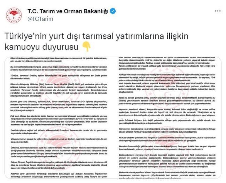 Yurt dışında arazi kiralanma iddiasına Tarım Bakanlığından açıklama