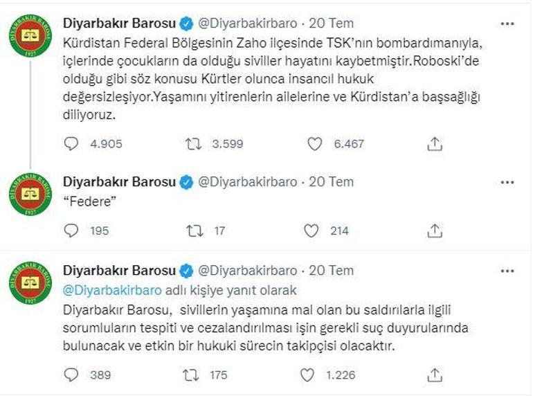 Diyarbakır Barosunun Zahodaki saldırıdan TSKyı sorumlu tutan paylaşımına inceleme