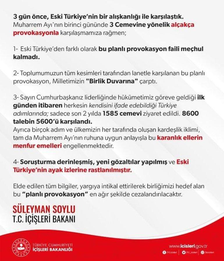 Son dakika... Cemevlerine yapılan saldırıya Bakan Soyludan tepki: En ağır şekilde cezalandırılacaktır