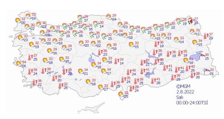 O iller etkili sıcaklara teslim 2 Ağustos 2022 hava durumu tahminleri