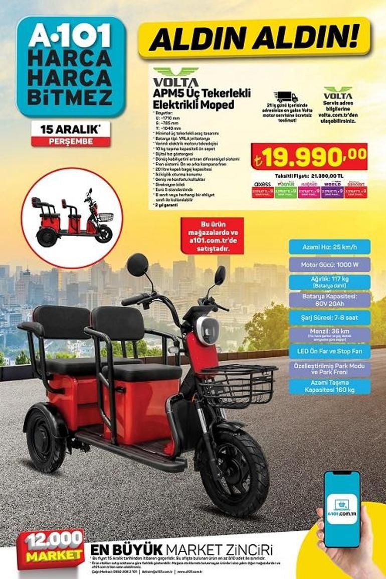 15 Aralık A101 kataloğu 2022...  Üç Tekerlekli Elektrikli Moped, Yeni Bella Köşe Takımı fiyatı
