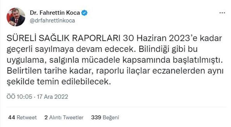 Bakan Koca duyurdu: Süreli sağlık raporları, 30 Haziran 2023’e kadar geçerli olacak