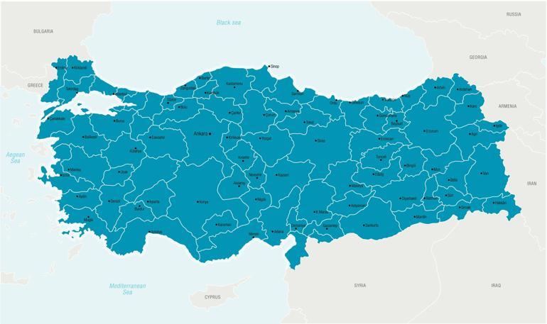 Türkiye haritası 2023 (siyasi) Şehir isimleri olan mülki idare, büyük  Türkiye haritası detaylı, renkli ve HD