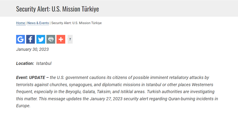 ABD, Türkiyeye yönelik seyahat uyarısını olası terör saldırısı nedeniyle güncelledi