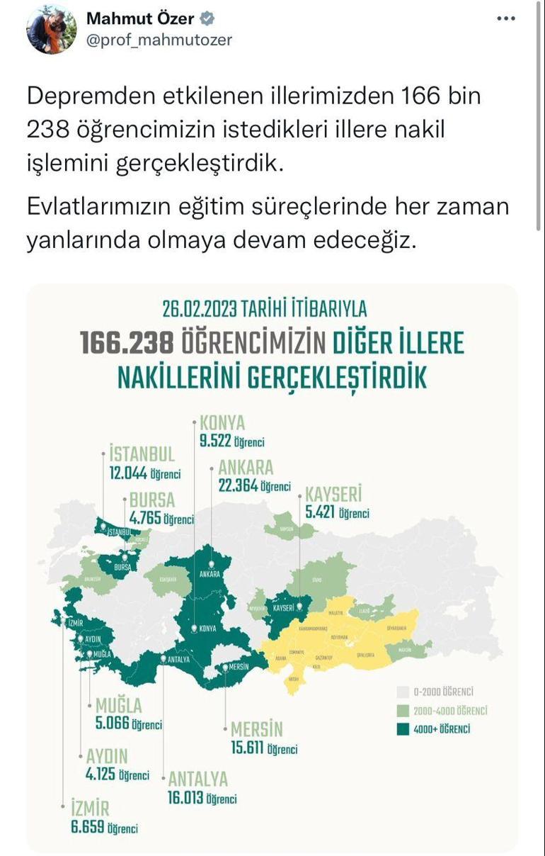 Bakan Özer: Deprem bölgesinden 166 bin 238 öğrencinin naklini gerçekleştirdik