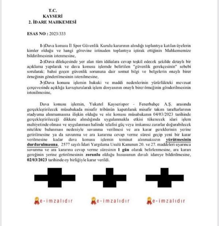 Kayseri 2. İdare Mahkemesinden Fenerbahçe taraftarıyla ilgili ara karar