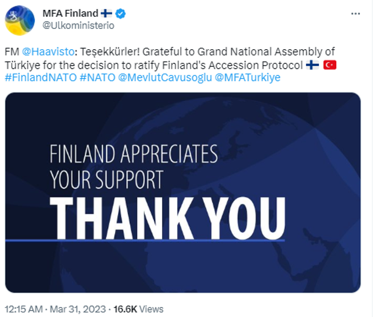 Finlandiyadan Türkiyeye teşekkürler mesajı