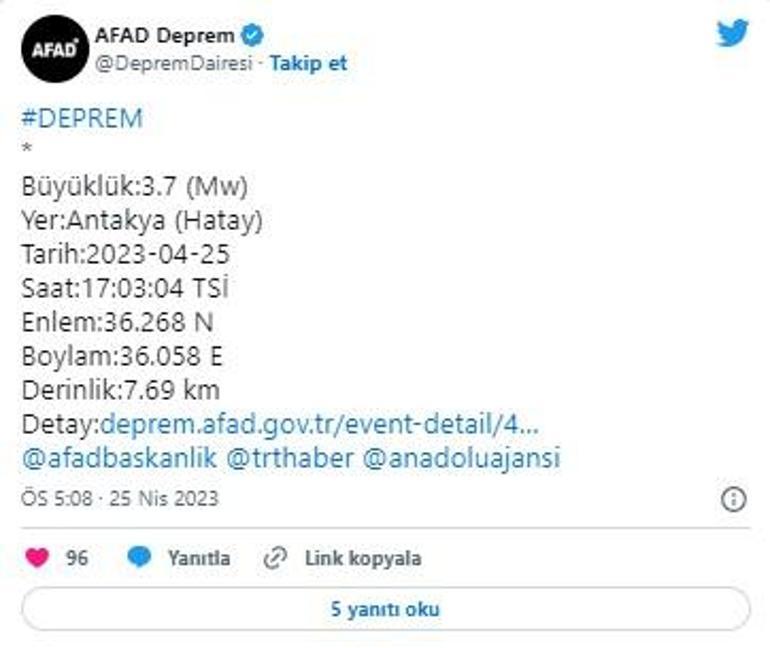 Hatayda 3.7 büyüklüğünde deprem