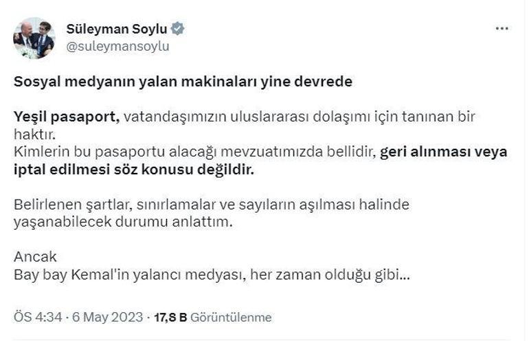 Bakan Soyludan yeşil pasaport açıklaması