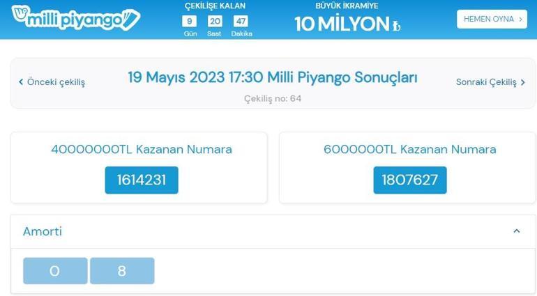 Son dakika: Milli Piyango çekilişi sonuçları belli oldu 19 Mayıs Milli Piyango bilet sorgulama ekranı...