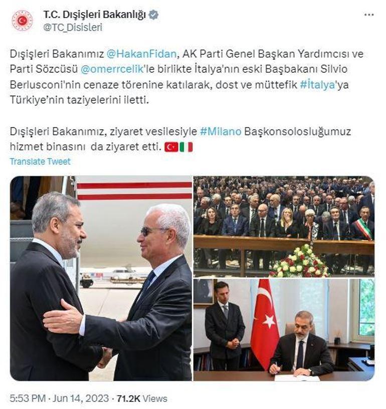 Dışişleri Bakanı Fidan, Berlusconi’nin cenazesine katıldı