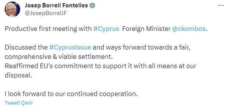 AB Yüksek Temsilcisi Borrell, GKRY Dışişleri Bakanı ile görüştü
