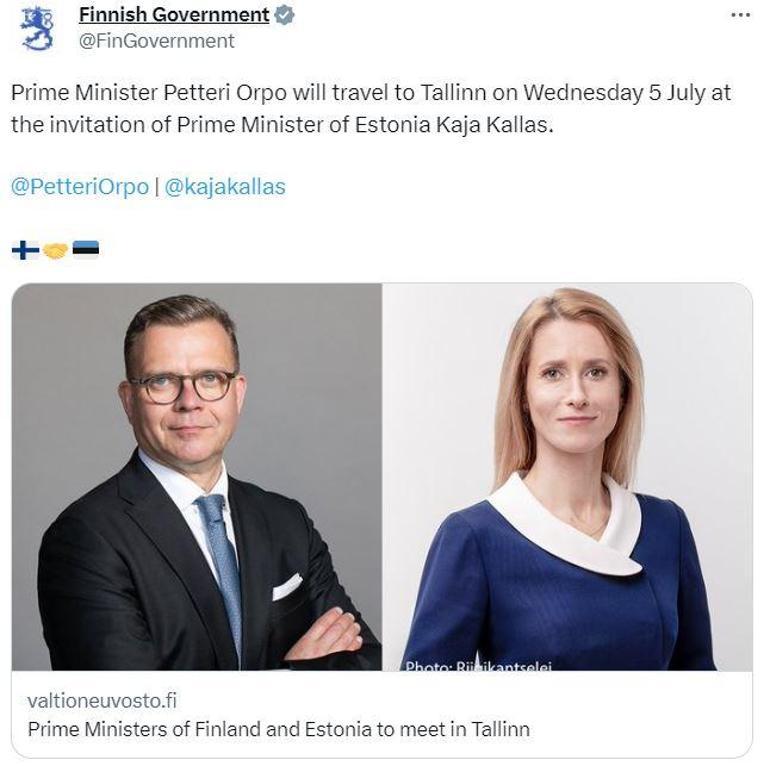 Finlandiya Başbakanı Orpo, 5 Temmuz’da Estonya’ya gidecek