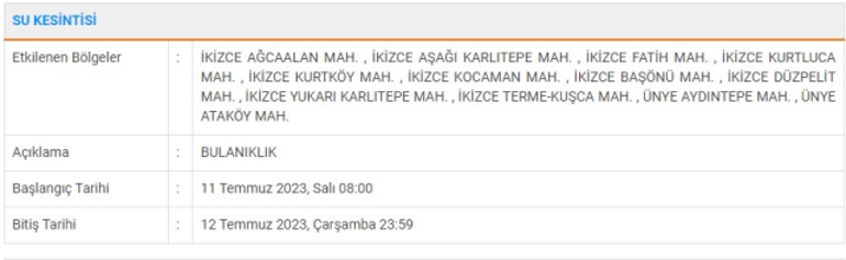 Orduda sular ne zaman gelecek Ordu su kesinti listesi 12 Temmuz 2023