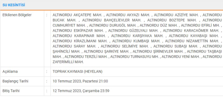 Orduda sular ne zaman gelecek Ordu su kesinti listesi 12 Temmuz 2023
