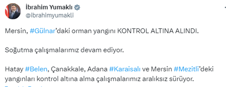 Bakan Yumaklı açıkladı: Mersindeki orman yangını kontrol altına alındı