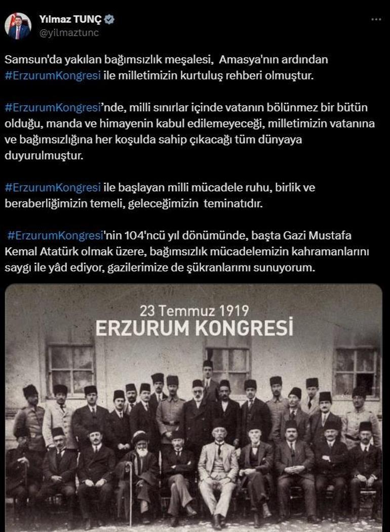 Bakan Tunçtan Erzurum Kongresi paylaşımı